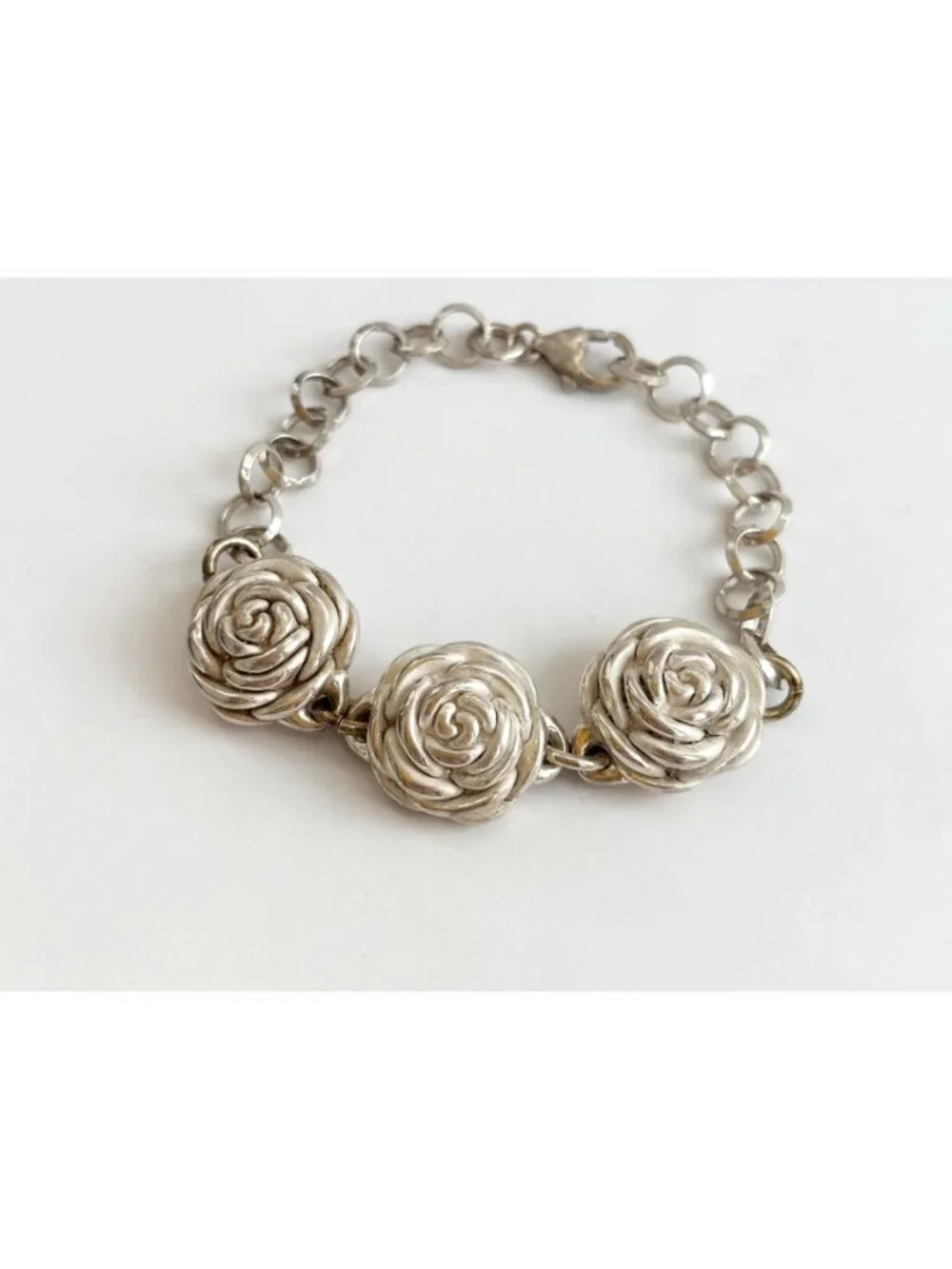 Triple Blooming Rosebud Floral Vintage Sterling Silver 925 Bracelet - 7.5
